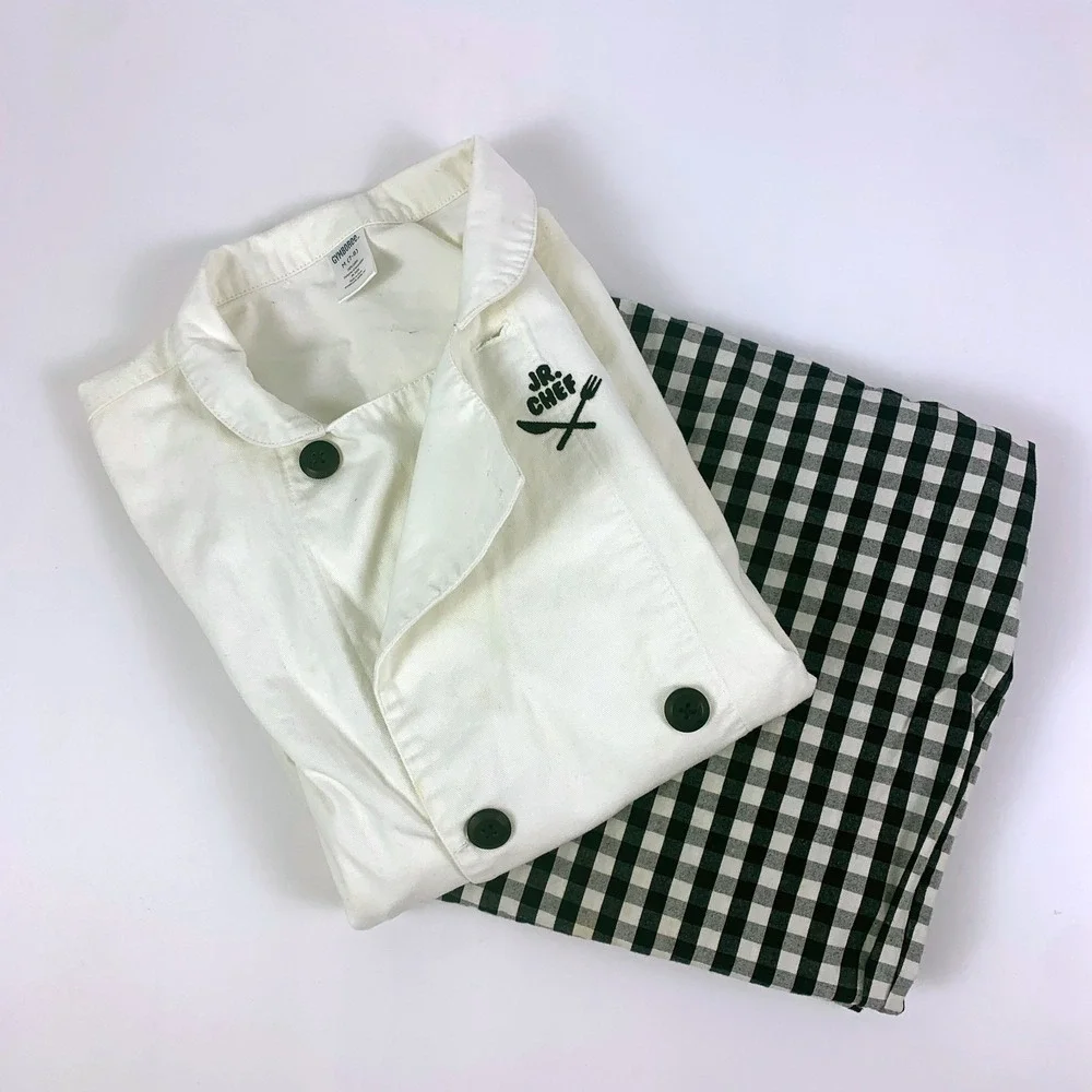 Gymboree Jr Chef Outfit Costume Coat Pants Child‎ Sz M (7-8) White Black Gingham